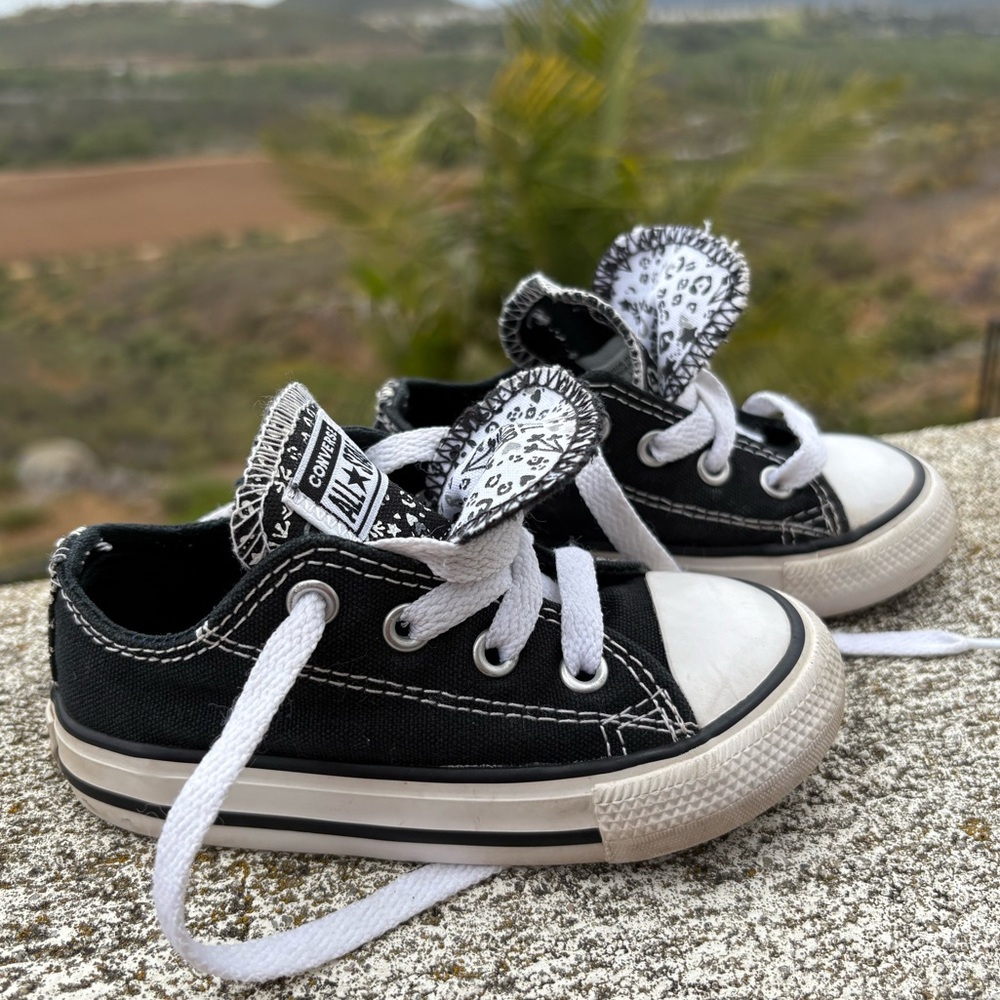 Infant Black Converse All Star Shoes with Double Tongue and Floral Detail, Sz. 6